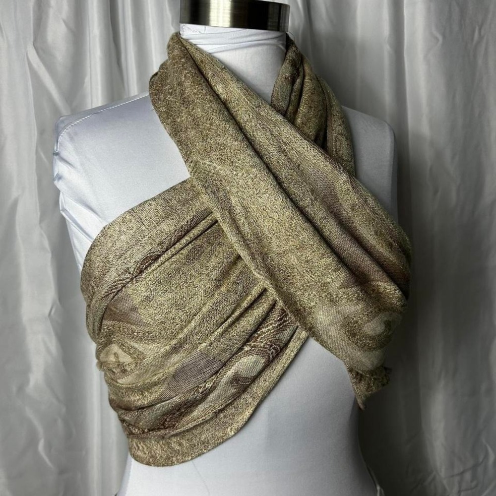 Gold Paisley Pashmina Scarf Wrap Shawl Boho Festival Metallic Fringe